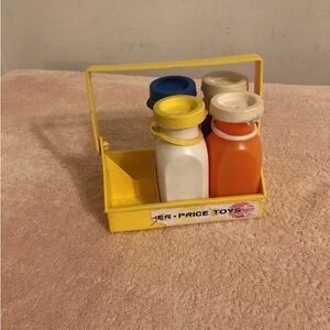 Vintage Fisher Price Plastic Milk Bottles With Lids & Crate